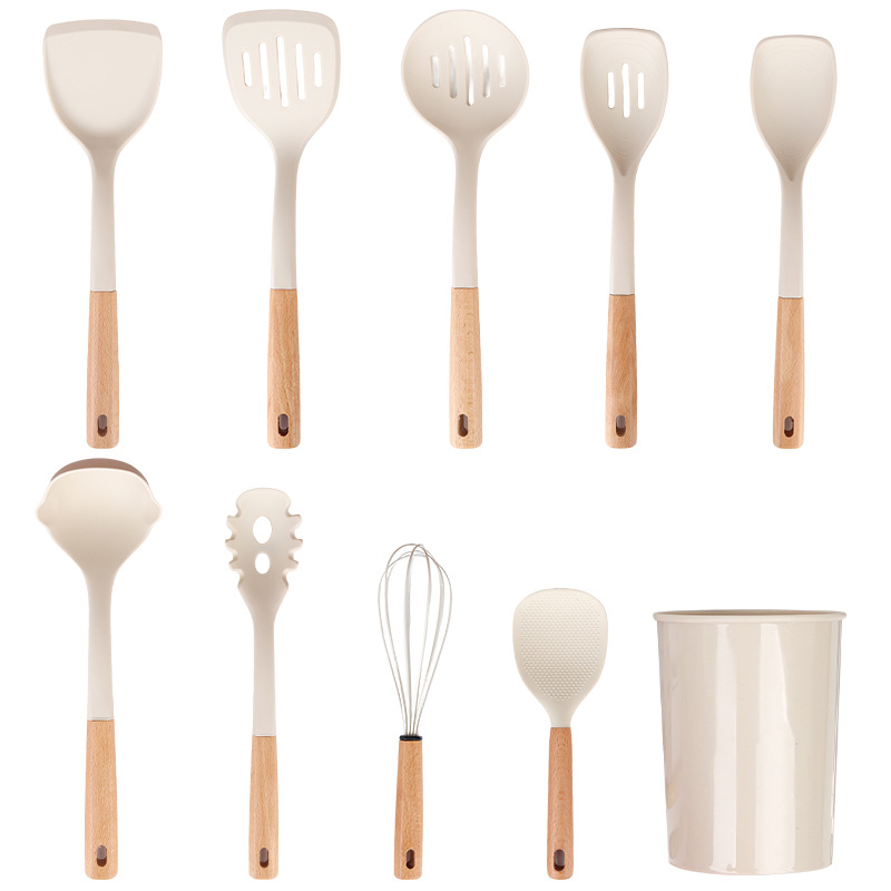 Mujeres de madera transfronterizos de silicona 10 piezas de cocina de almacenamiento conjunto de cocina antiadherente de grado alimenticio cocina cucharas de arroz de cocina resistentes a altas temperaturas