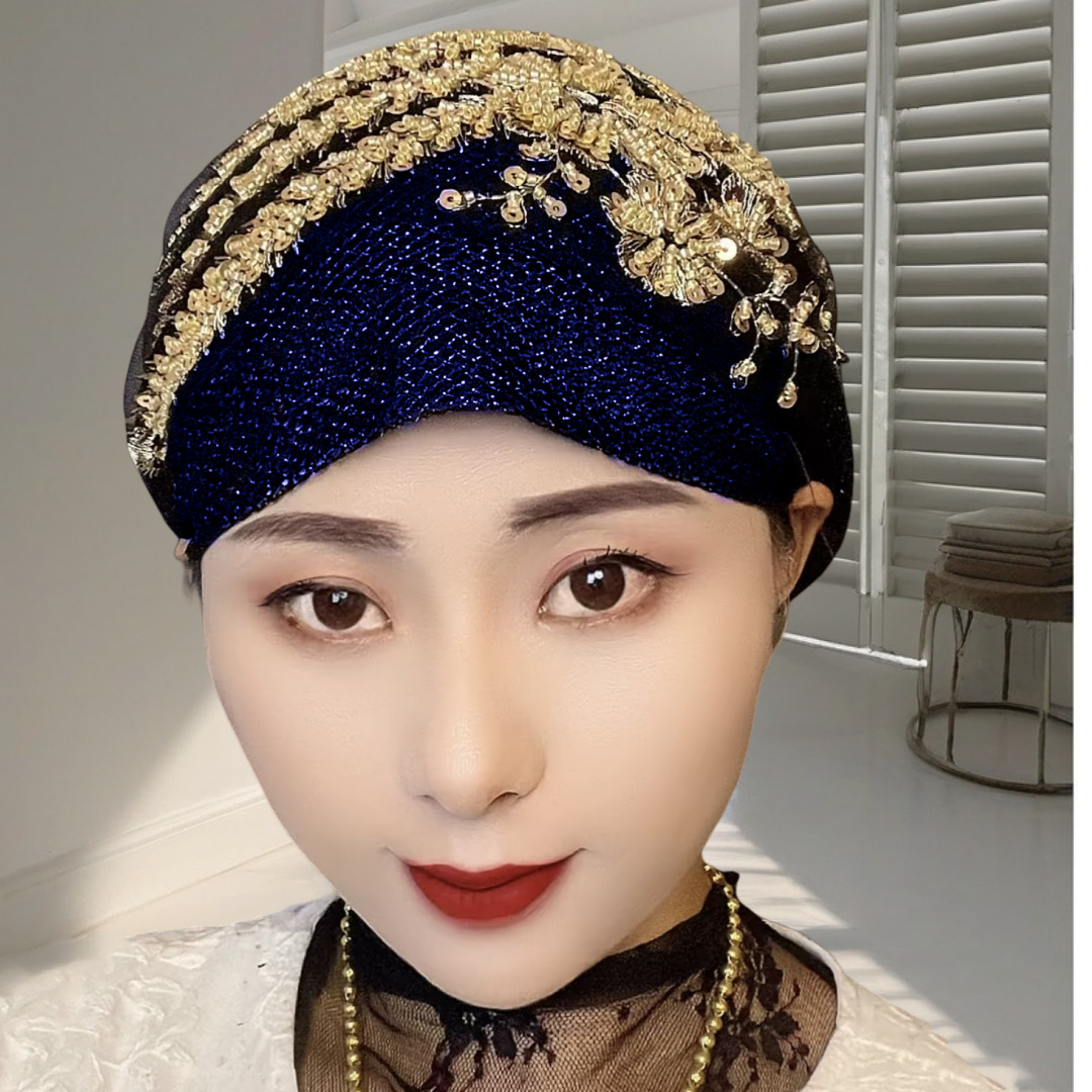 新款重工凤尾花包头帽蕾丝手工头巾帽网红爆款女士帽子遮白发帽