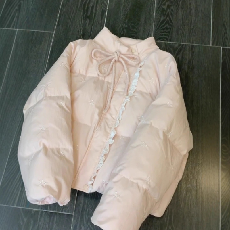 少女感甜美粉色蝴蝶结刺绣棉服女冬季新款宽松百搭棉衣棉袄短外套|undefined