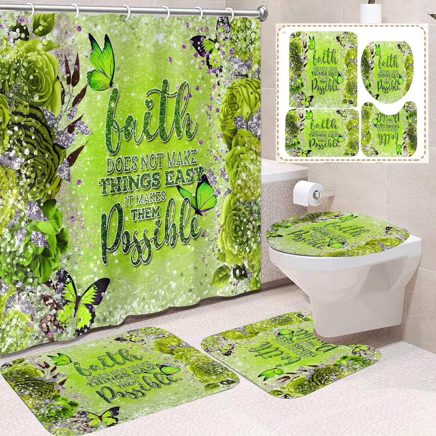 Transfronterizo Amazon cortina de ducha de color degradado cortina de baño letra patrón de mariposa cortina de ducha impermeable y a prueba de moho image 55