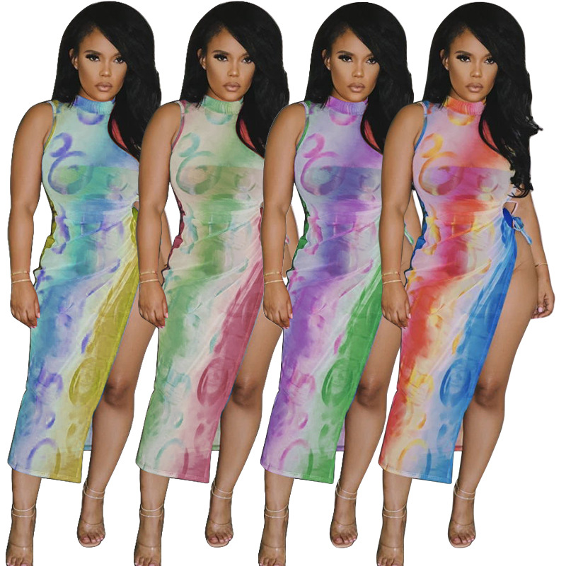 tie-dye printed mesh see-through short sleeve split dress NSMYF57846