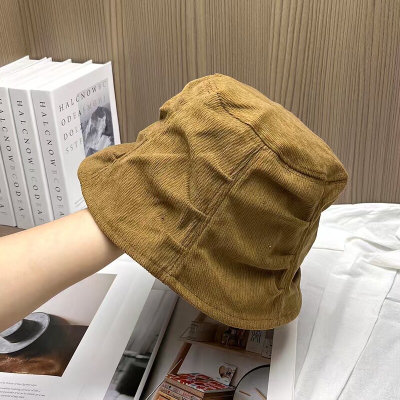 韩系新款灯芯绒褶皱渔夫帽女秋复古百搭素颜遮脸盆帽卡其色水桶帽|undefined