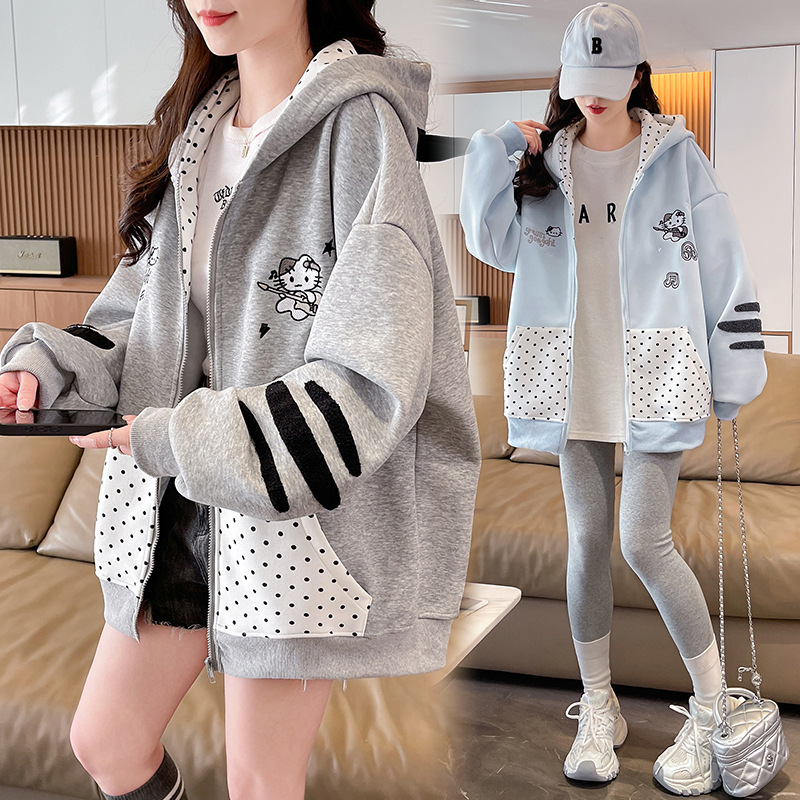 2026 Spring New Style National Trend Towel Embroidery Kt Cat Cute Polka Dot College Style Korean Baseball Jacket Sweatshirt Trendy 2026 Spring New Style National Trend Towel Embroidery Kt Cat Cute Polka Dot College Style Korean Baseball Jacket Sweatshirt Trendy