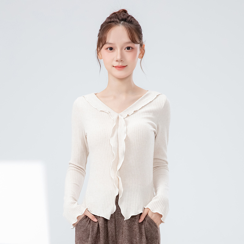 现代舞蹈服女新款修身长袖v领练功服波浪边演出上衣古典舞形体服|undefined