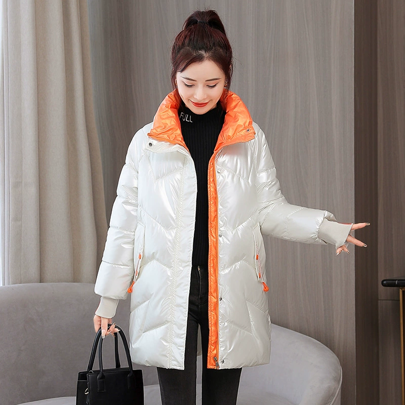 2021 Новое поступление лазерной одежды с хлопковой подкладкой, Яркий пуховик с хлопковой подкладкой, женское корейское приталенное зимнее пальто средней длины, модное