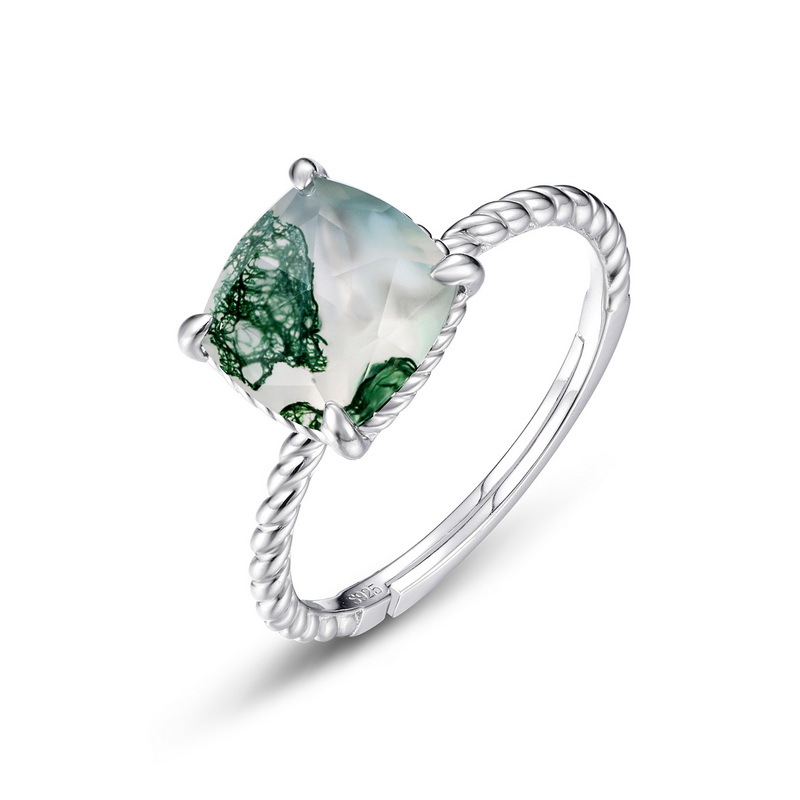 Anillo de flor de cáñamo transfronterizo con incrustaciones de pared Anillo de ágata de hierba de agua S925 Anillo de apertura de piedra de musgo verde natural de plata Atmósfera europea y americana