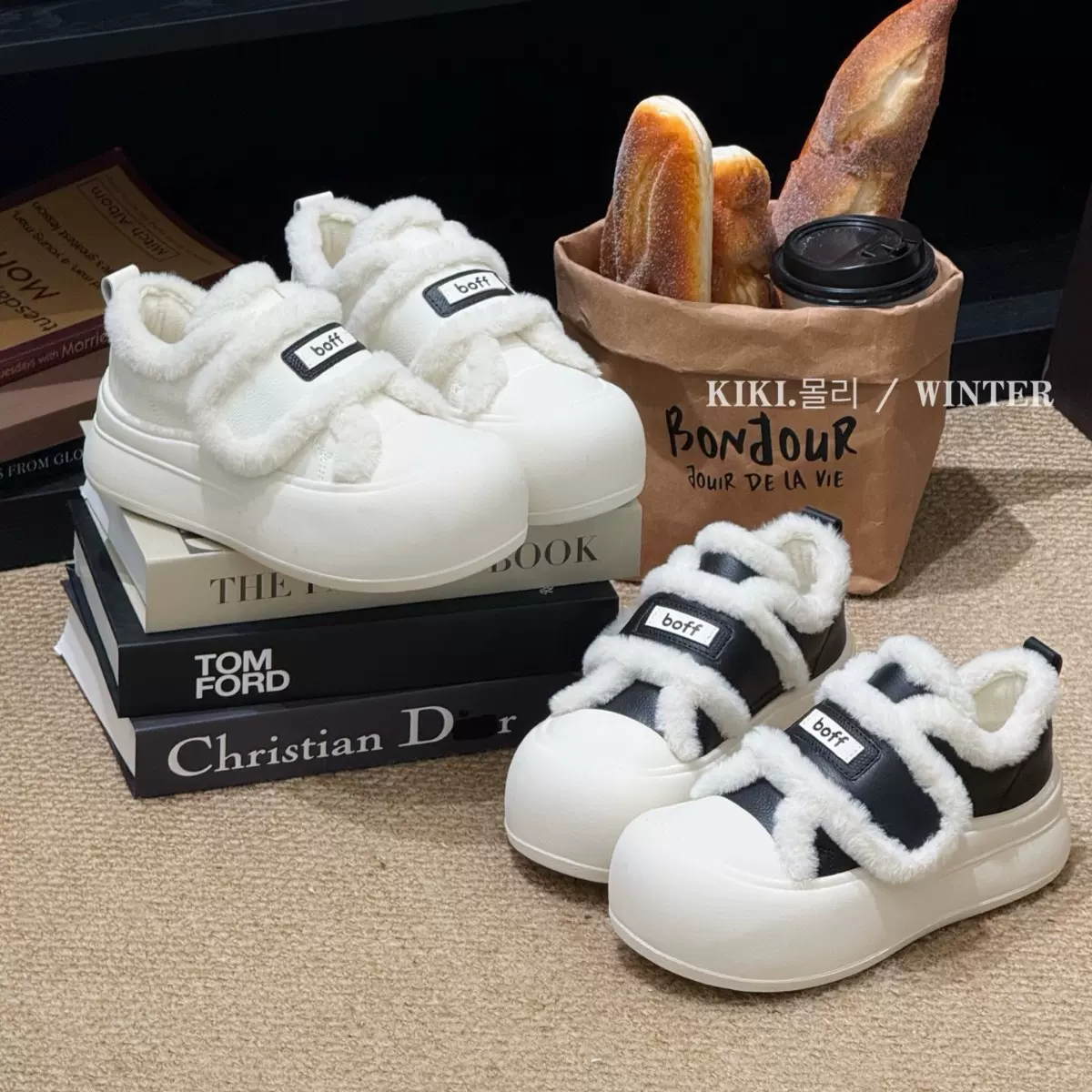 mollykiki 奶呼呼魔术贴毛毛加绒鞋女2025冬新款保暖舒适休闲板鞋