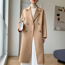 新款水波纹女士纯羊毛翻领双排扣长款休闲气质宽松纯色双面呢大衣