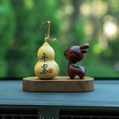Safe Gourd Car Ornaments | Car ornaments - natural-gourd-safe-style-rosewood-deer-walnut-base