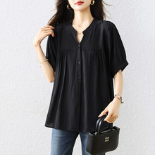 实拍大码女装宽松遮肉显瘦纯色设计感桃花皱衬衫
