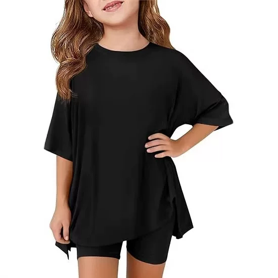 2026 Cross-Border Girls' Summer Clothing Casual Outfit Set: Children's Oversized Side-Slit Shirt and Cycling Shorts