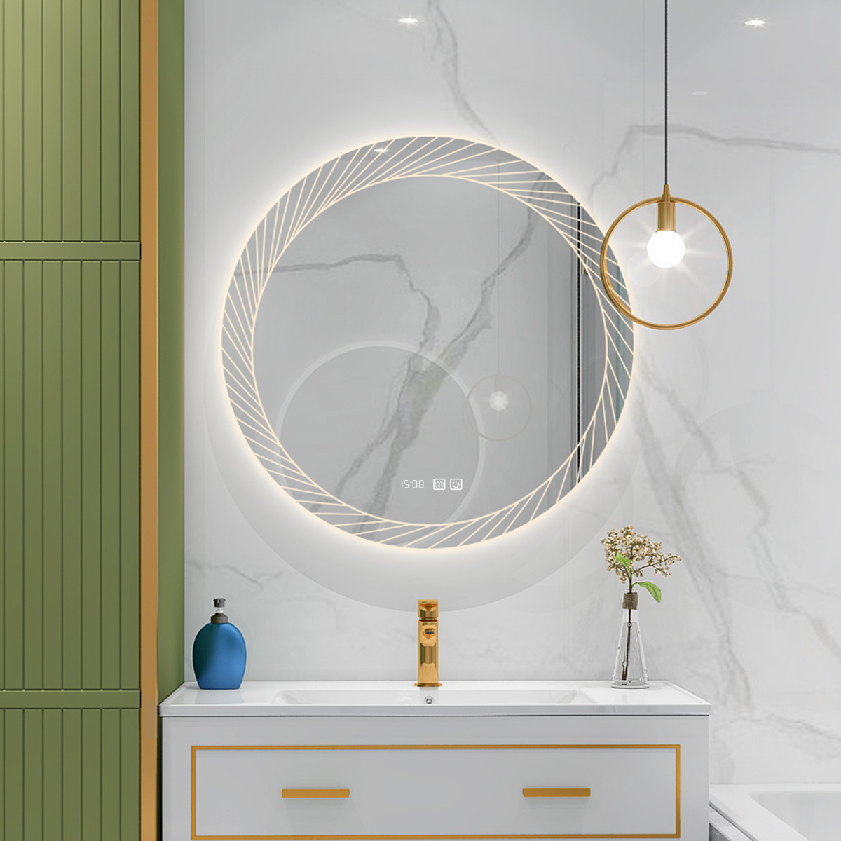 Espejo de baño inteligente comercial espejo de inodoro pared espejo de maquillaje LED iluminante antiniebla pantalla táctil láser nuevo