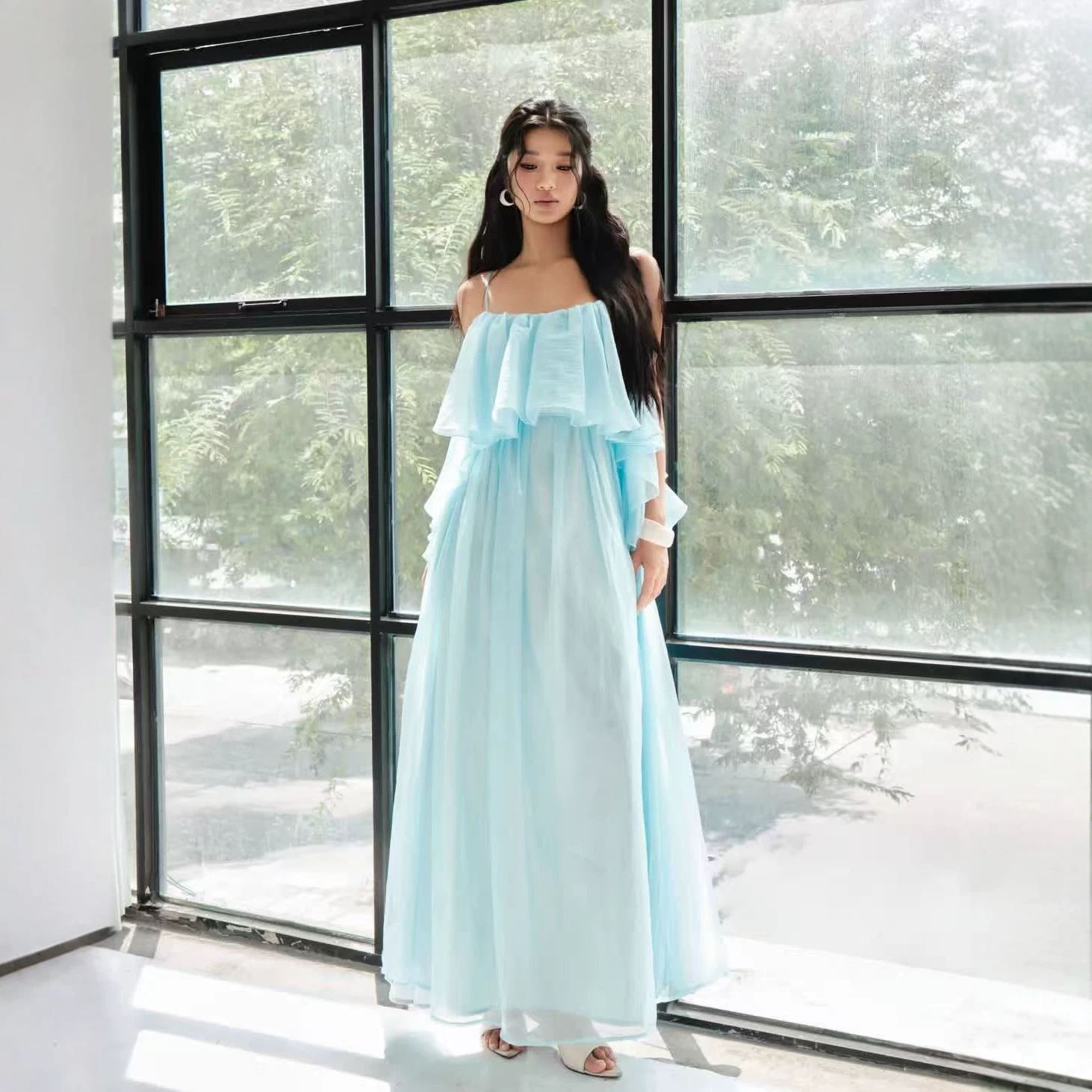 Korean-Style Ball Gown Chiffon Dress, Long Dress, Fresh and Simple Mid-Length Women's Dress, Off-Shoulder Beach Dress, Vacation Custom-Made