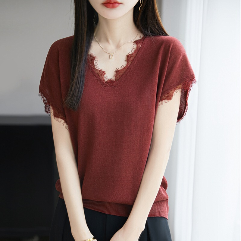 Tencel Linen V Neck Knitwear Short-Sleeved Women's 25 Summer New Lace Edge Pure Color Pullover Bottoming Shirt Top