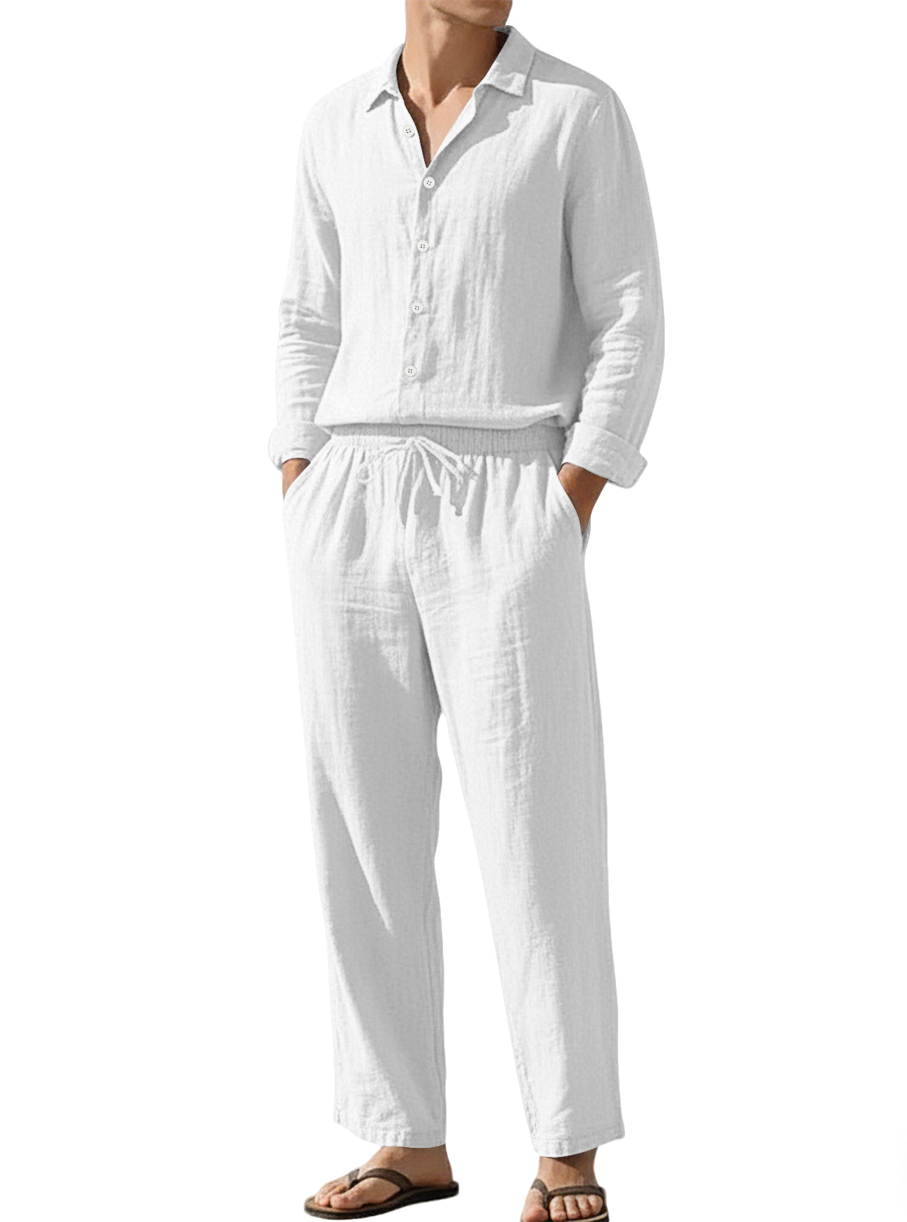 Estación independiente transfronteriza Europa y América cuatro estaciones lino transpirable ocio playa suelta protección solar camisa de mangas largas pantalones largos set hombre