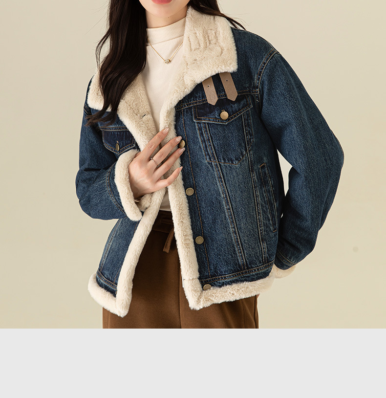 Áo khoác denim nữ phong cách Hàn Quốc, dáng suông, có lớp lót nhung dày giữ ấm — Màu xanh lam (ấm chống lạnh cộng với nhung dày) chi tiết 6