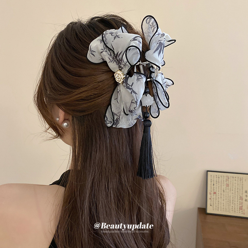 Nueva pintura en tinta china, pinza de caracteres chinos, hilo de red de súper hadas, lazo, borla de loto, pinza para el cabello, estilo antiguo, elegante, accesorios para el cabello femenino