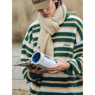 Retro Contrast Stripesd Thick-Knit Knitwear for Men and Women, Autumn and Winter Loose Trendy Brand Round Neck Knitwear Jacket