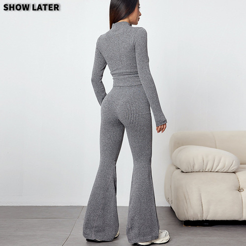 Women's New Autumn/Winter Yoga Set Outerwear Ribbed Zipper Yoga Fitness Leisure Sport Set