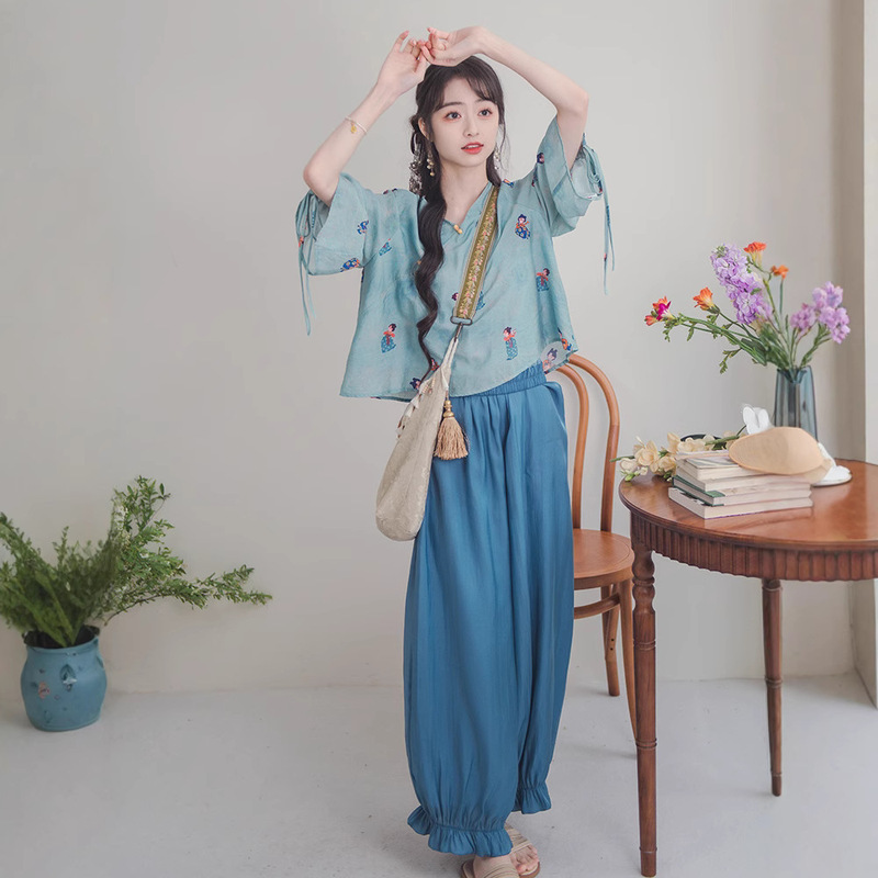 Tang Palace Night Banquet Blue New Chinese Style National Style Women's Hanfu Improved Zen Tea Clothing Han Element Top Wide Leg Pants suit Tang Palace Night Banquet Blue New Chinese Style National Style Women's Hanfu Improved Zen Tea Clothing Han Element Top Wide Leg Pants suit