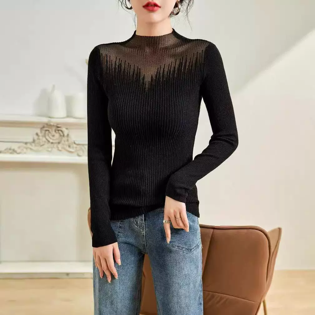 【衡嘉QZL】蚕丝羊毛针织打底衫女冬套头半高领上衣修身内搭毛衣