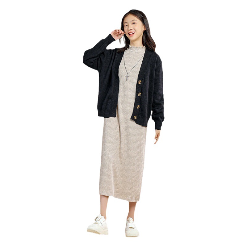 Ropa para niños mayores vestido de punto fino para niños Otoño e Invierno vestido largo suelto suéter crema