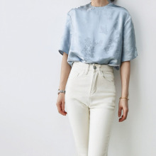 厂家清仓新中式国风女装 夏真丝人丝提花缎圆领短袖上衣短款衬衫