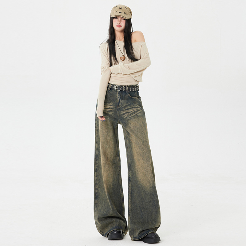 빈티지 향수 스크랩 느슨한 스트레이트 튜더 디자인 와이드 레그 청바지 바지 LENGTHENED