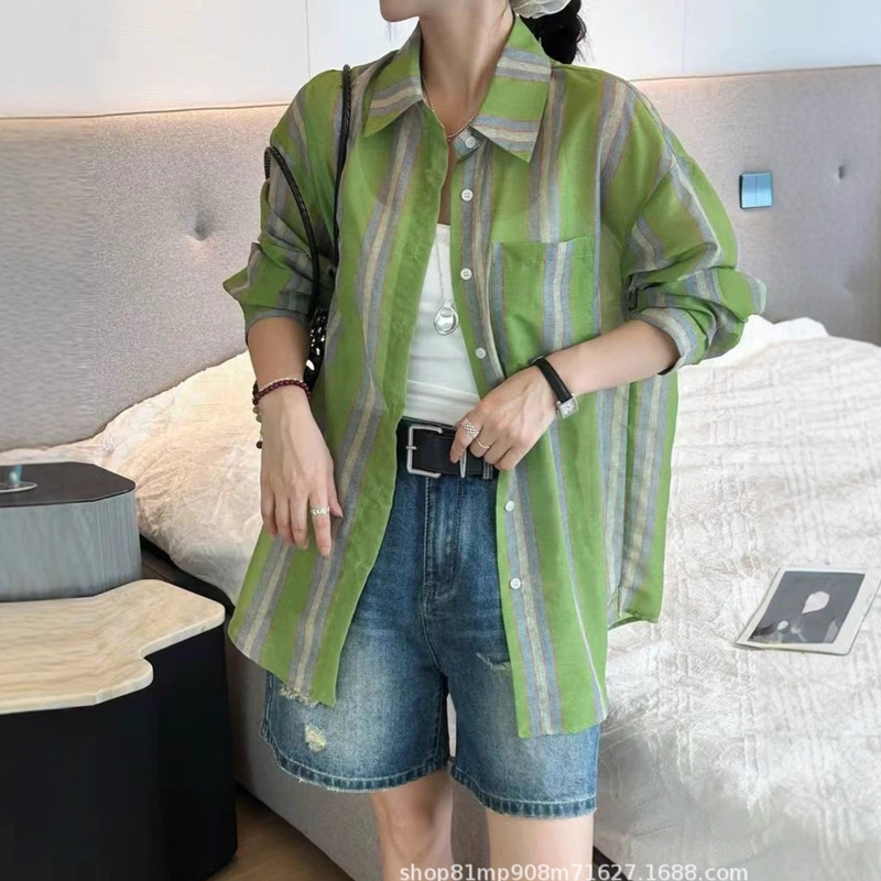 Vacation Spring and Summer Green Striped Cardigan Thin Long-Sleeve Sun Protection Shirt for Women, Loose Beach Shirt, Lazy Style, Suitable for Everyone