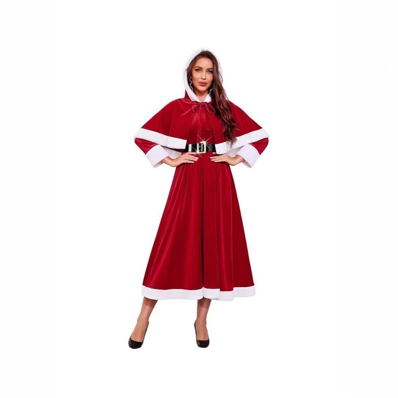 Christmas Themed Women's Hooded Long Dress Holiday Party Performance Clothing Red and White Belt Christmas Costume