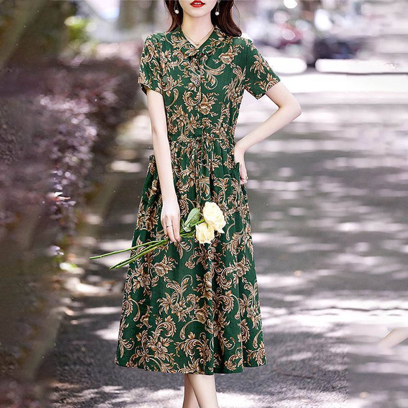 棉麻连衣裙女中长款夏季新款娃娃领减龄休闲宽松大摆裙印花裙子|undefined
