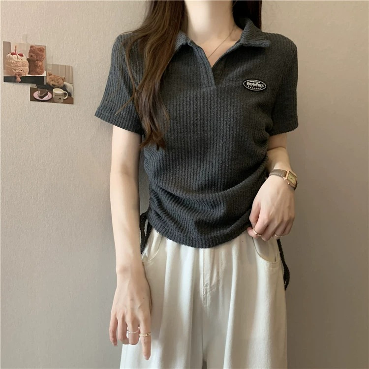 Large size American front shoulder polo neck short sleeved t-shirt for women 2024 new summer chubby mm top design_voghion.com