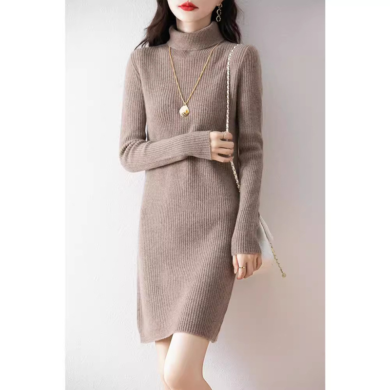 2024 autumn and winter new high collar mid-length slim sweater western-style hip base skirt 100 wool dress
