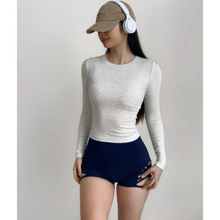 Basic Crewneck Long-sleeved T-shirt Women's Sports Casual European and American Ins Tight Slim Solid Color Base Shirt Top 1389