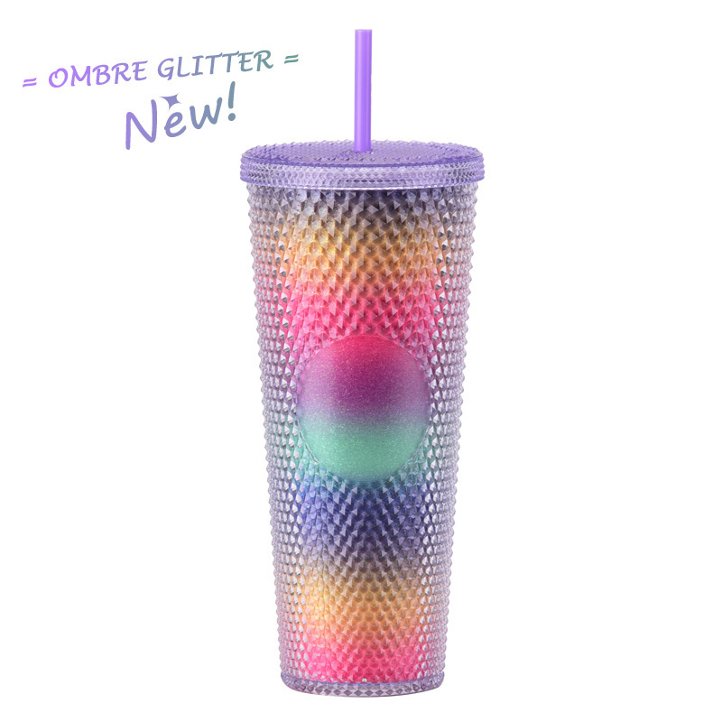 二層プラスチックストローカップ大容量クリエイティブ 710 ミリリットルドリアンカップハンドカップ発光変色レインボーグラデーションカップ|undefined