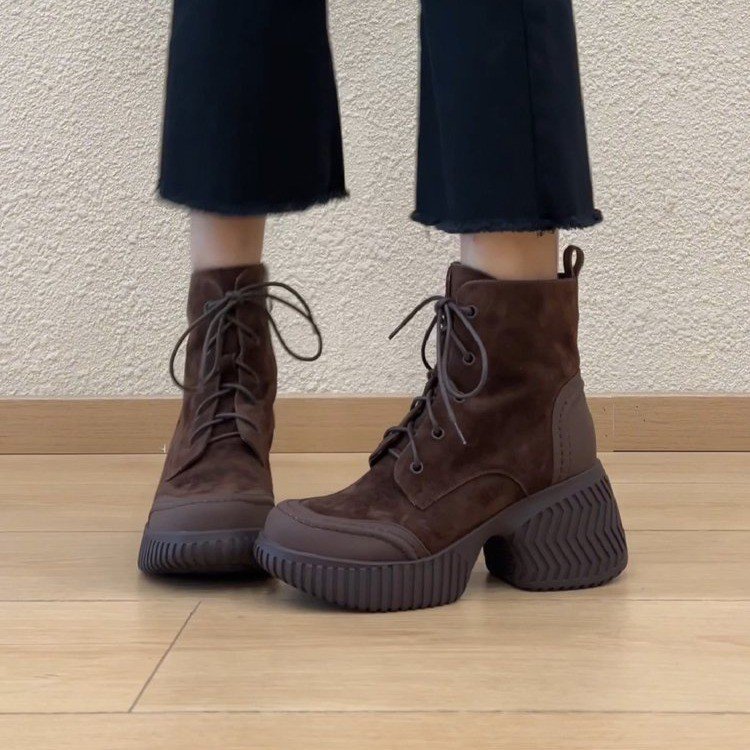 Cowhide Version ~ Genuine Leather Small Thick-Soled Boots with 8cm Height Increase for Women British Fashion Versatile Retro Short Boots Single Boots