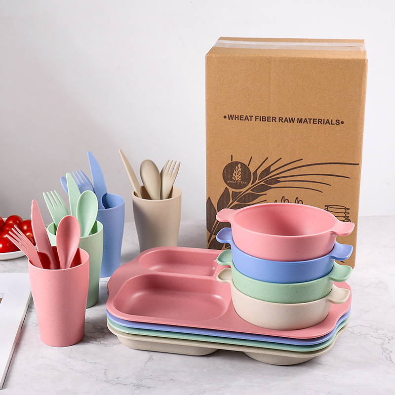Plato de comedor para niños 24 piezas set de paja de trigo jardín de infantes anti-caída taza de plato de comedor cuchillo y tenedor cuchara set