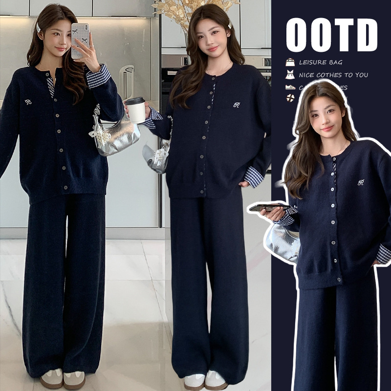 Maternity Autumn and Winter New Korean Style Color-Blocking Plaid Trendy Mom Loose Fashion Age-Reducing Lazy Style Thick Sweater Set