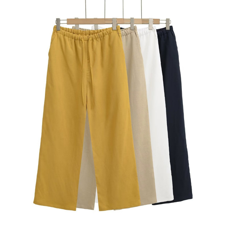 2025 Summer Breathing Linen Narrow Waist Drawstring Casual Pants Wide Leg Pants Loose Sports Casual Pants Women