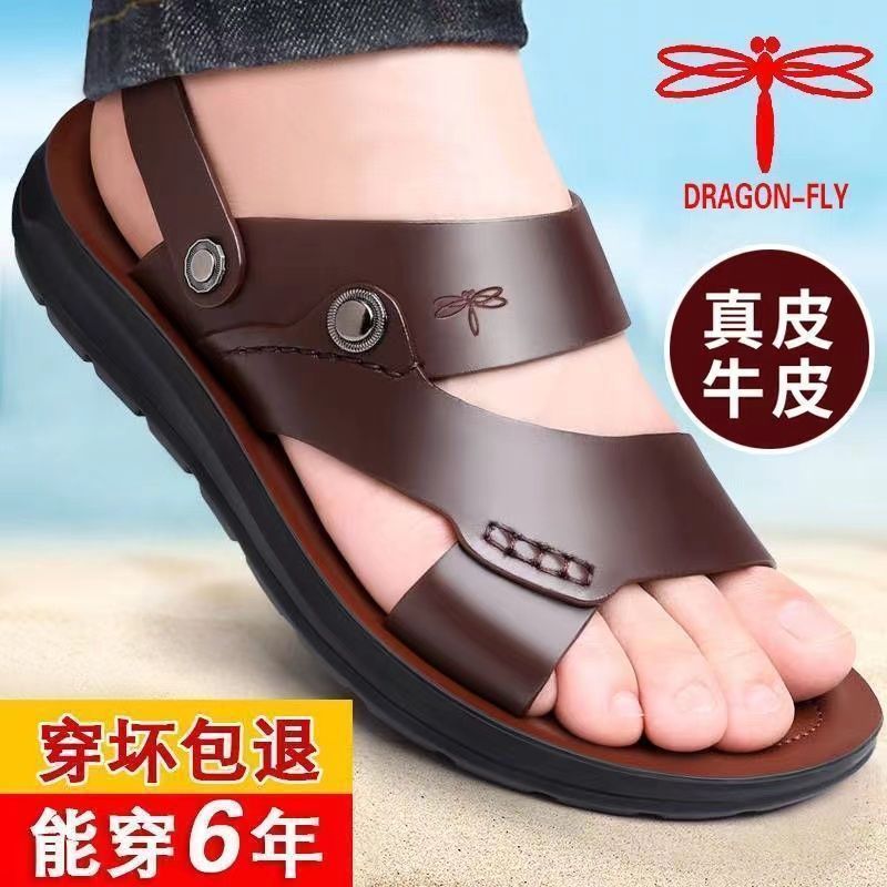 Dragonfly Brand Genuine Summer Men's Sandals 2025 New Wear-Resistant Soft Sole Outdoor Beach Shoes Genuine Leather Sandals for Men