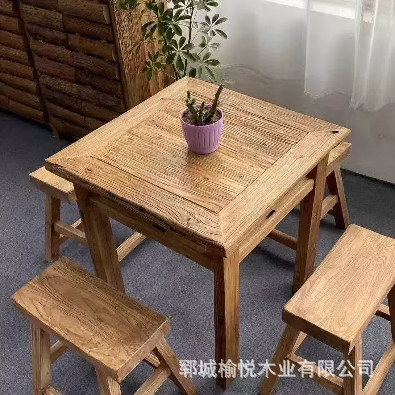 老榆木餐桌饭店商用桌椅组合正方形茶桌民宿茶桌复古色老门板餐桌