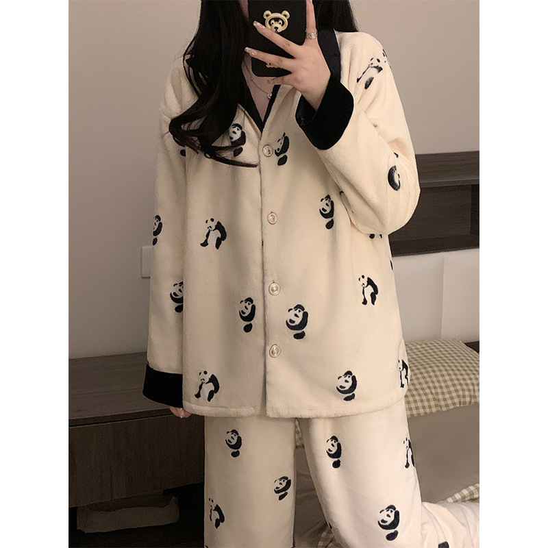 일본 팬더 잠옷 여성의 가을과 겨울 산호 양털 기모 두꺼운 2024 새로운 카디건 홈 의류 겨울 세트