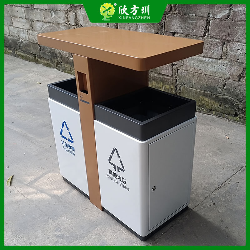 户外小区街道白色喷粉两连体双开门不锈钢分类垃圾桶金属果皮箱