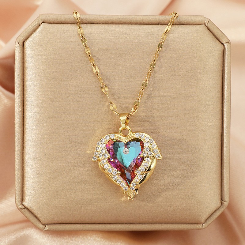 Collar de corazón de océano para mujer – colgante de cristal en forma de corazón, cadena de clavícula de acero inoxidable