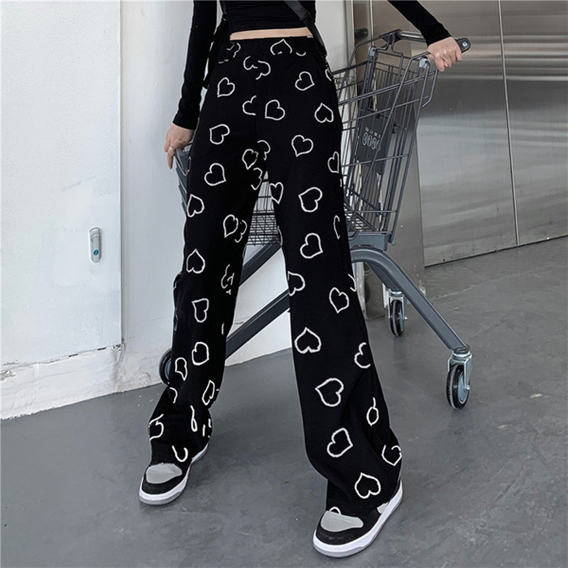 High Street Love Print Wide Leg Pants Large Size Straight Trousers Female Spring And Summer Ins High Waist Wide Student Casual Pants Vibrato