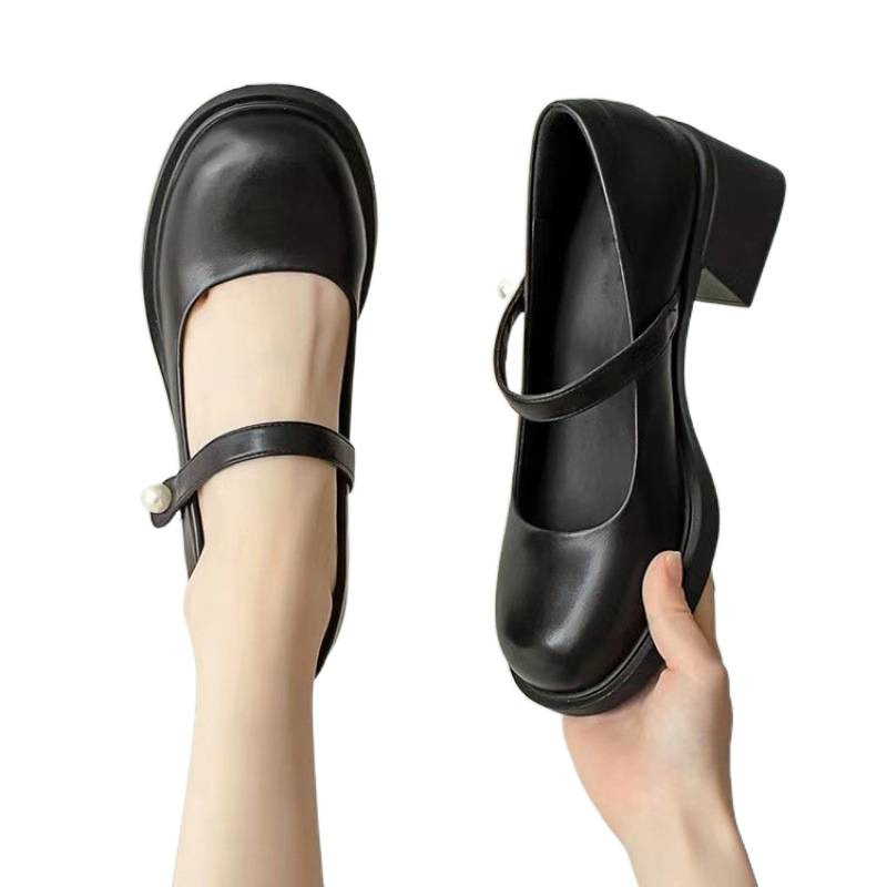2026 primavera y otoño zapatos de cuero redondos de perla de cuero suave francés zapatos de mujer de tacón grueso zapatos de noche