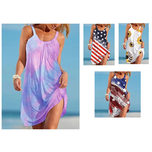 eabywish Women's Fashion New Flag 3D Print Strappy Dress