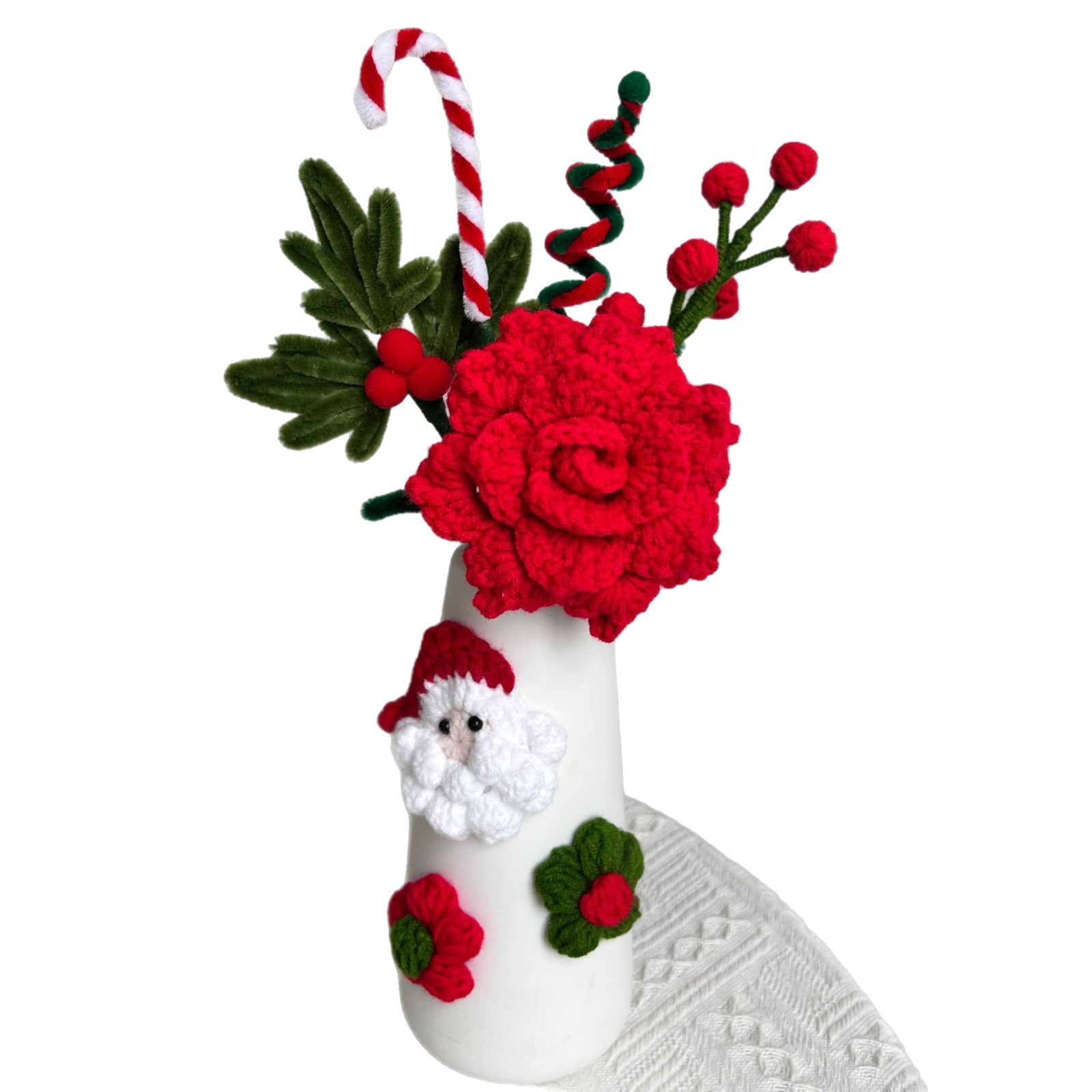 Composizione floreale natalizia artigianale per la casa e il giardino: fiori artificiali in vaso lavorato a maglia, perfetti per decorazioni per la casa, oggetti fotografici e regali festivi._voghion.com