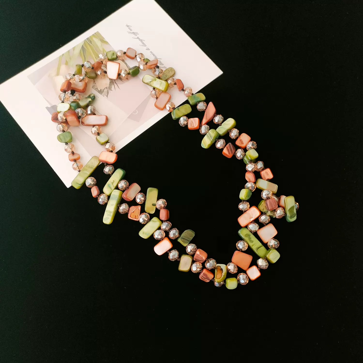 波西米亚双层叠戴毛衣链不规则彩色贝壳串珠长项链复古轻奢锁骨链