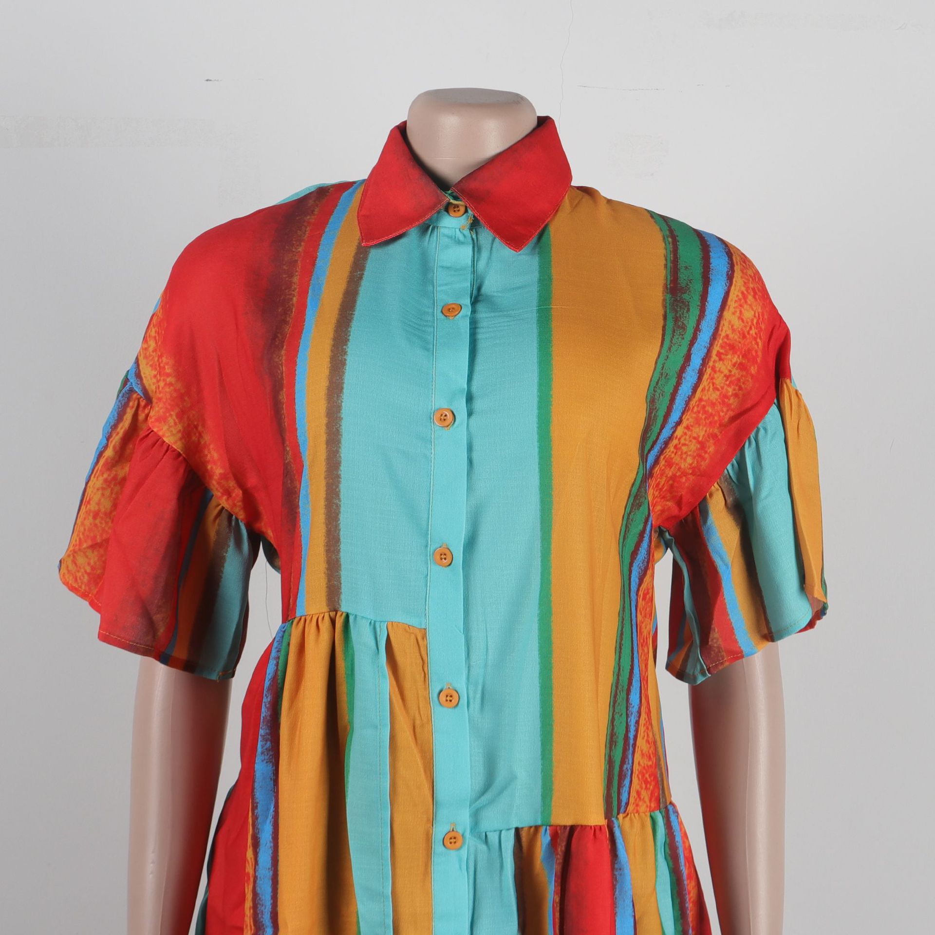 Slim Fit Printed Color Contrast Patchwork Short Dress Colorful Coat Short Sleeve Shirt Dress